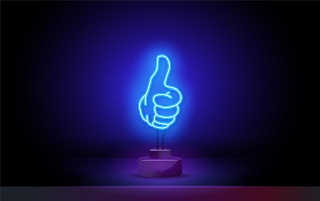 Neon handgebaar pictogrammen duimen omhoog teken van goedkeuring richting logo of embleem met fel neonlicht