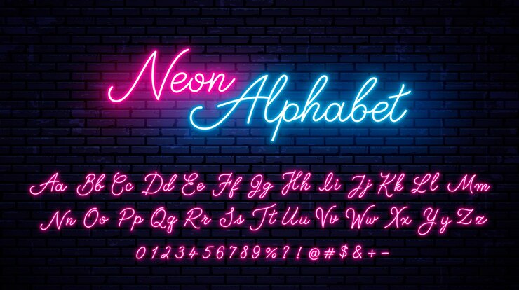 Vector ネオン手書きの英字、数字、記号のセット。数字と記号で輝くアルファベットをベクトルします。明るいネオンフォント。