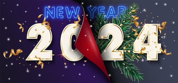 Шаблон дизайна поздравительной открытки neon happy new year 2024 с зимним праздником конец 2023 и начало 2024 года концепция начала нового года