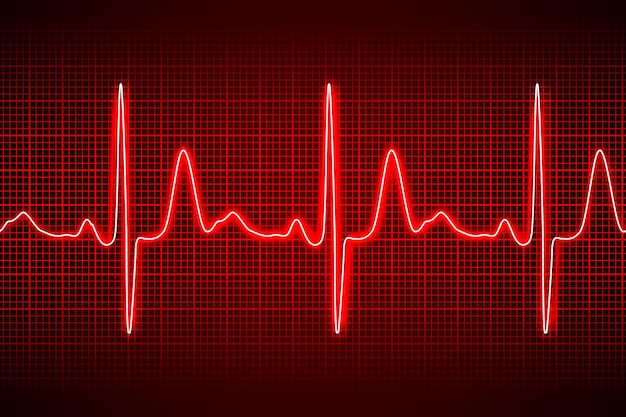 Neon heart beat ecg or ekg seamless line on red background