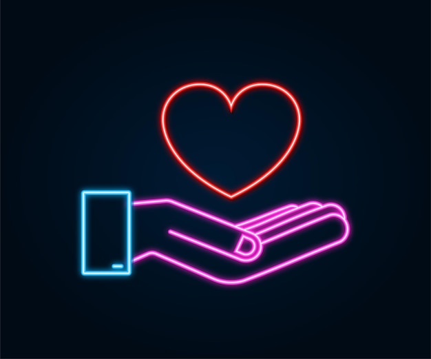 Neon heart icon with hands love sign Romantic card design Valentines day cute poster