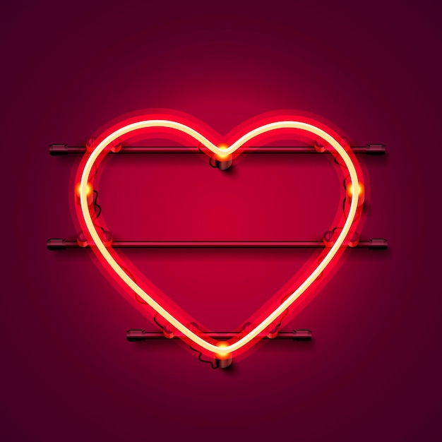 Neon heart signboard on the red background. Vector illustration