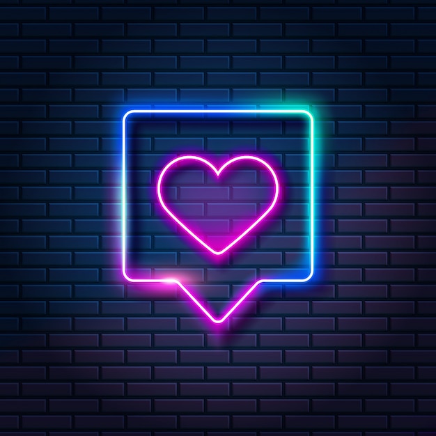 Neon heart in speech bubble on dark brick wall background. glowing like symbol in frame, vector illustration