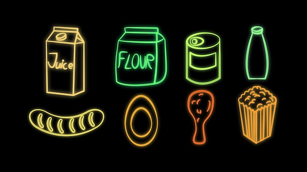Neon heldere gloeiende veelkleurige set van acht iconen van heerlijk eten en snacks voor restaurant bar café sap meel ingeblikt voedsel melk worst ei kippenpoot popcorn