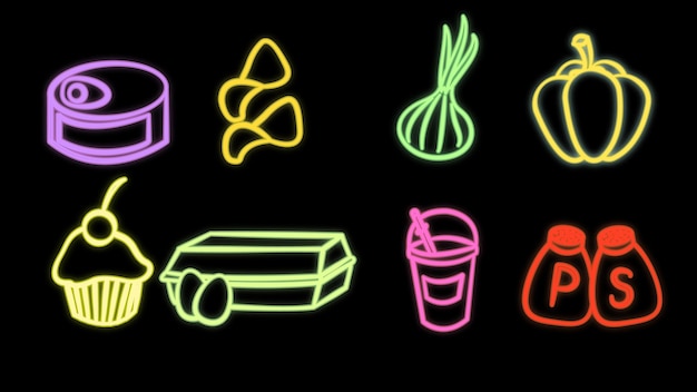 Neon heldere gloeiende veelkleurige set van acht iconen van heerlijk eten en snacks