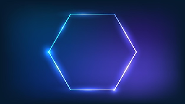 Vector neon hexagon frame with shining effects on dark background. empty glowing techno backdrop. vector illustration.