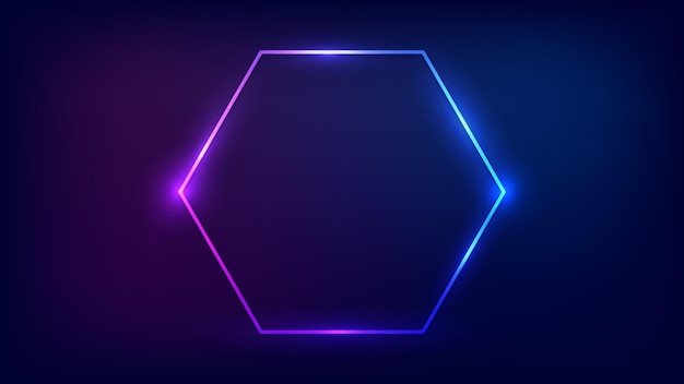 Neon hexagon frame with shining effects on dark background. Empty glowing techno backdrop. Vector illustration.