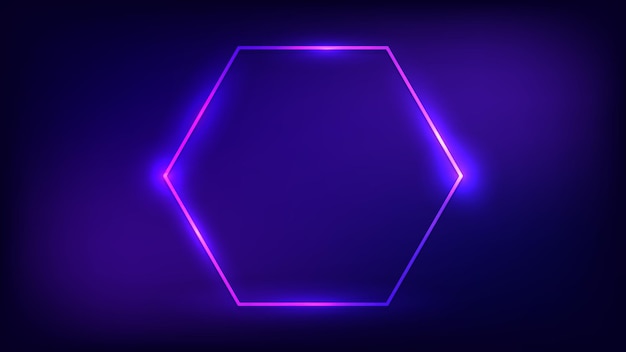 Neon hexagon frame with shining effects on dark background Empty glowing techno backdrop Vector illustration