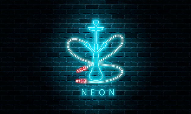 Vettore icona di narghilè al neon, segno di narghilè notturno su uno sfondo di muro di mattoni, illustrazione vettoriale