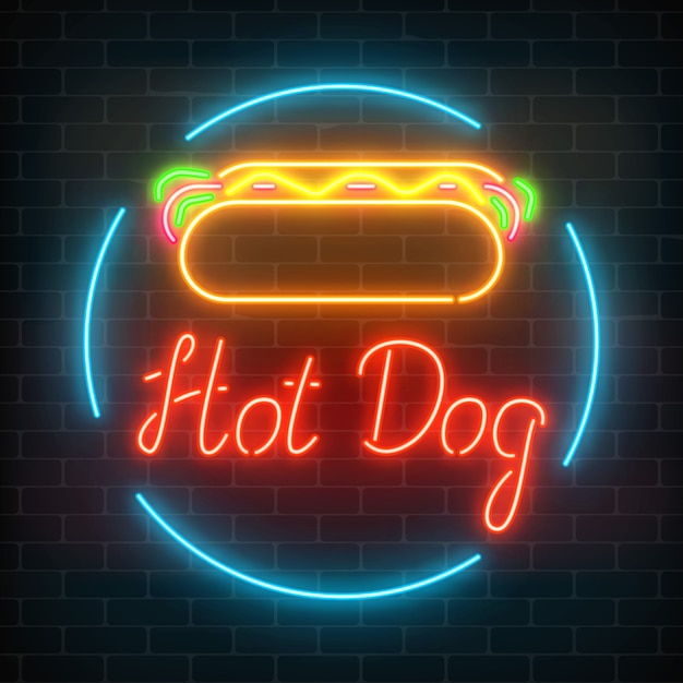 Vettore insegna d'ardore del caffè al neon del hot dog su un muro di mattoni scuro. segno di cartellone leggero fastfood.