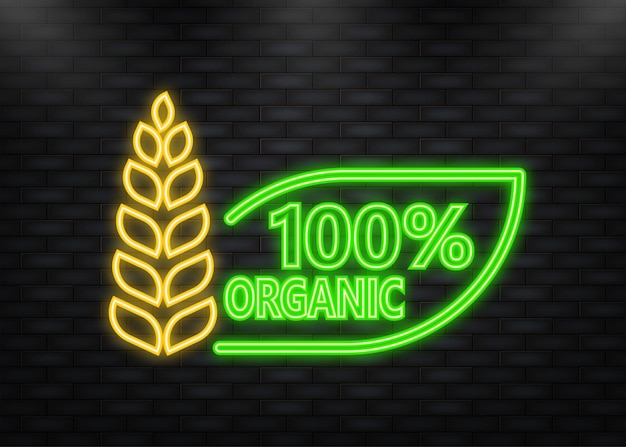 Неоновая икона 100% органическая этикетка зеленый экологический значок наклейка векторная иллюстрация