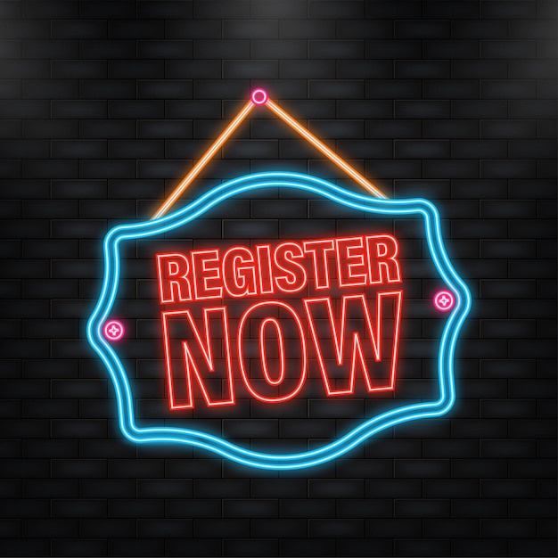 Neon icon blue register now label in modern style on white background banner promotion click