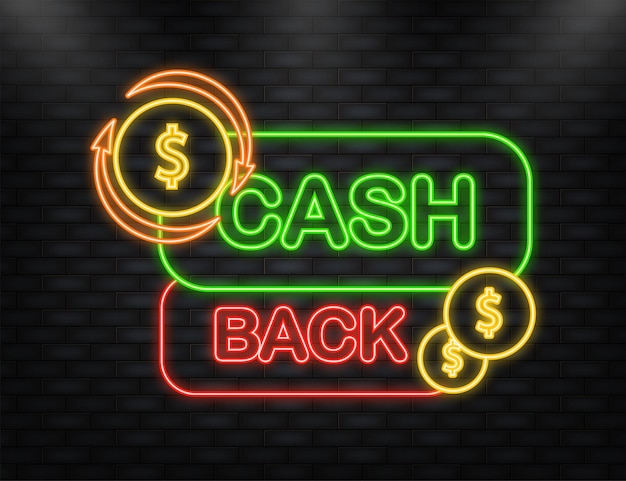 Neon Icon Cashback concept logo Cash back blue banner on white background