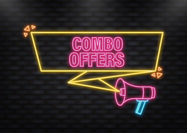 Neon icon combo offers feedback megaphone red banner in 3d style