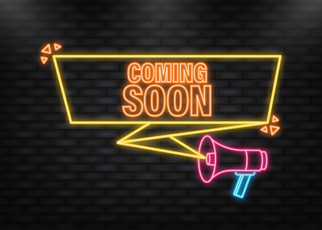 Vector neon icon coming soon megaphone yellow banner in 3d style on white background vector illustration