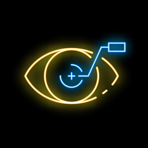 Neon icon of an eye receiving information representing concepts such as artificial intelligence and machine learning