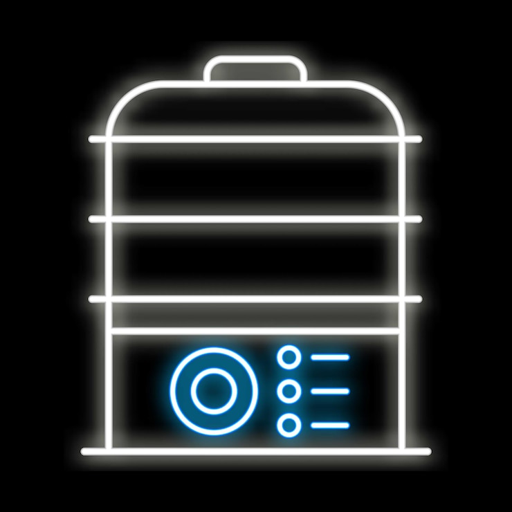 Vector neon icon of a food steamer glowing on black background