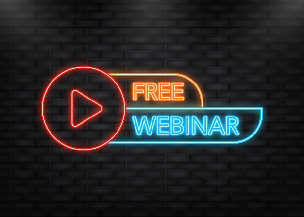 Icona neon banner webinar gratuito in stile piatto su sfondo bianco riproduci video web