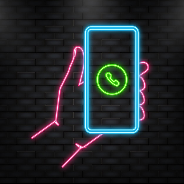 La mano dell'icona al neon tiene il telefono con la chiamata in arrivo sullo schermo verde su sfondo verde