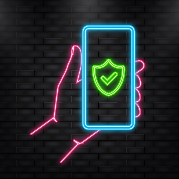 ネオンアイコンの手は、緑の背景の画面に安全なサインと携帯電話を保持しますベクトル図