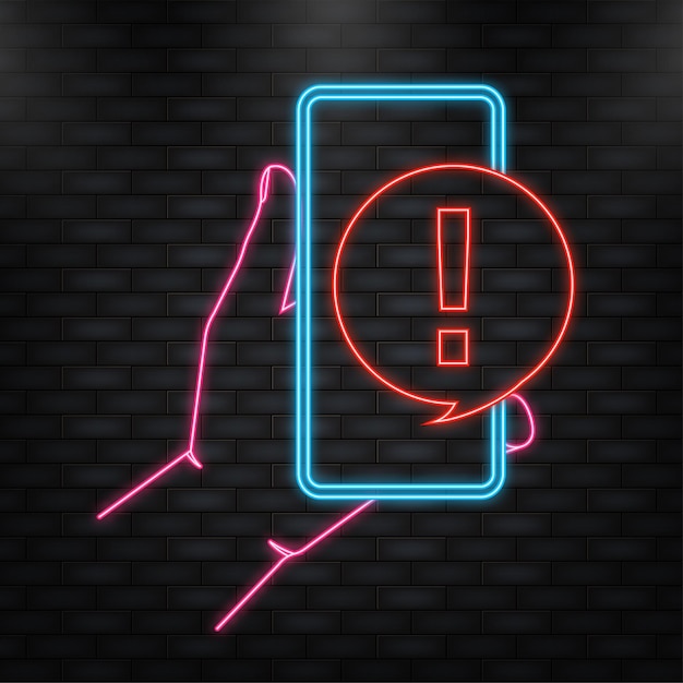 Neon Icon Hand houdt telefoon met gevaarteken op het scherm op rode achtergrond Vectorillustratie