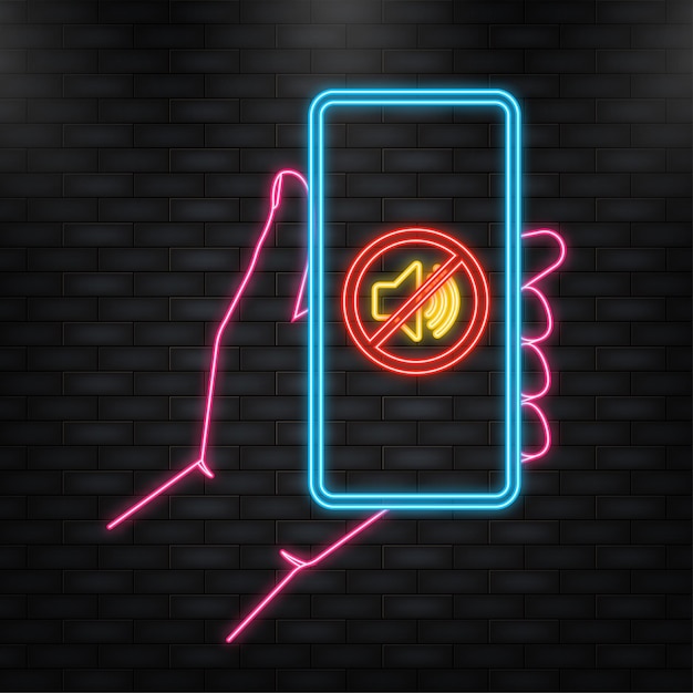Neon Icon Hand houdt telefoon vast zonder geluidsteken op het scherm op donkere achtergrond Vectorillustratie