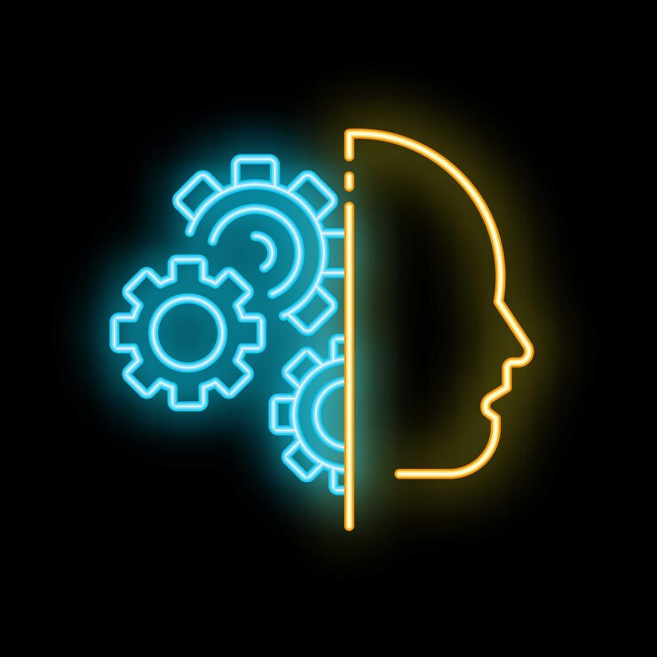 Vector neon icon of human head silhouette with gears representing artificial intelligence