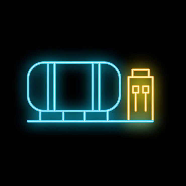 Vector neon icon of industrial equipment with control panel on black background