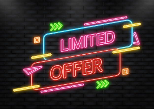 Icona neon badge di servizio a offerta limitata banner a tempo limitato su sfondo rosso illustrazione vettoriale