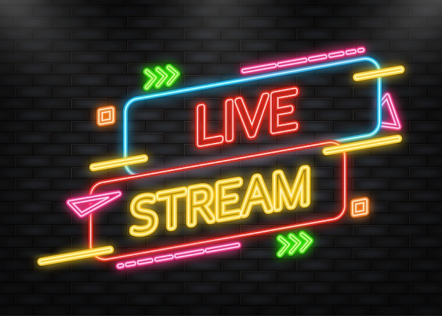 Neon Icon Live stream logo rood vectorontwerpelement met afspeelknop voor nieuws