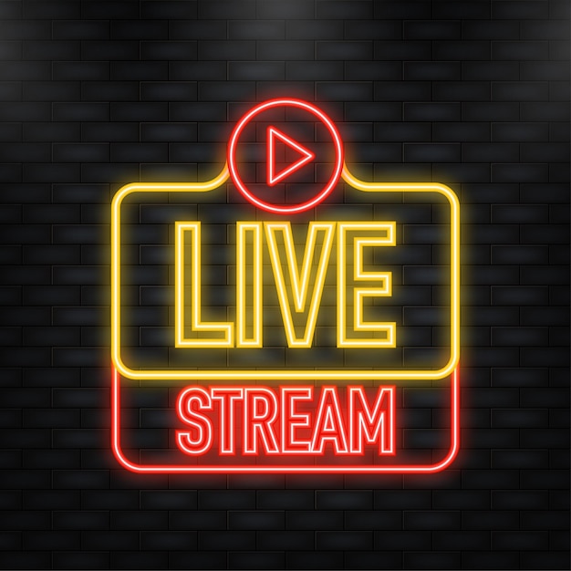 Neon Icon Live streaming logo red vector design element with play button for news and TV