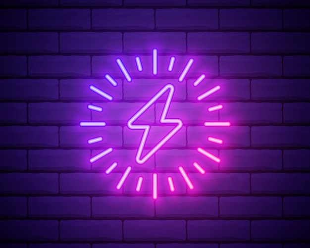 Вектор Неоновая икона фиолетовой и фиолетовой электрической энергии векторная иллюстрация фиолетовой и фиолетовой неоновой электрической вывески, состоящая из неоновых очертаний с подсветкой на фоне темной кирпичной стены