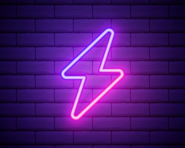 Neon icon of purple and violet electric energy vector illustration of purple and violet neon electrical sign consisting of neon outlines with backlight on the dark brick wall background