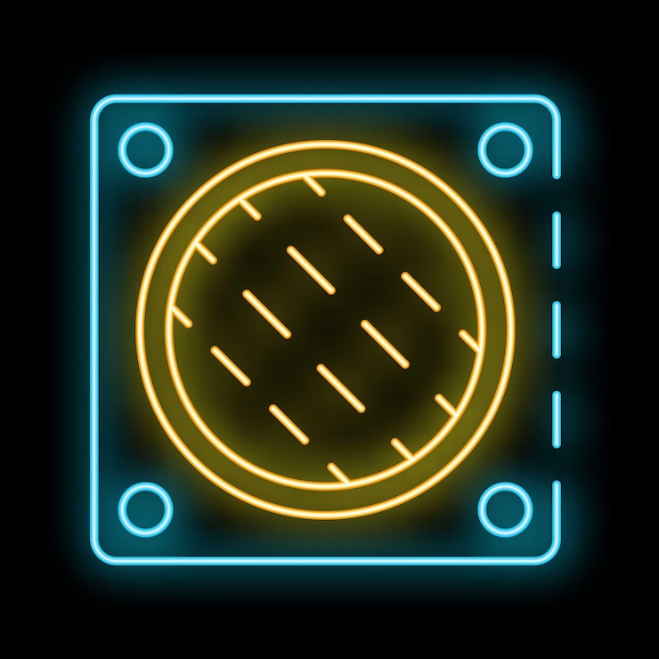 Vector neon icon of round waffle iron with heating indicator light