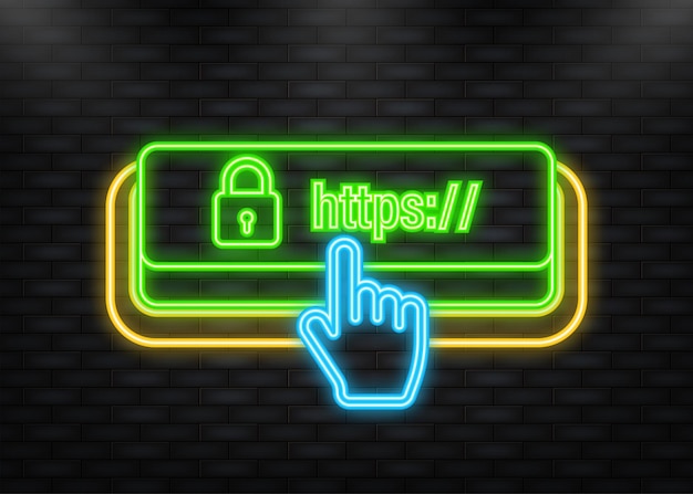Неоновая икона Безопасная ссылка зеленая 3D кнопка на белом фоне Векторная иллюстрация