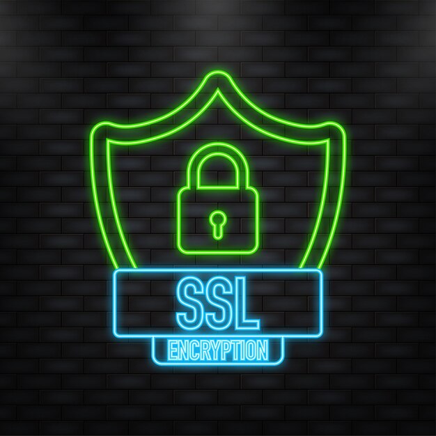 흰색 배경에 네온 아이콘 SSL 암호화 보안 배지 녹색 배너 벡터 일러스트 레이 션