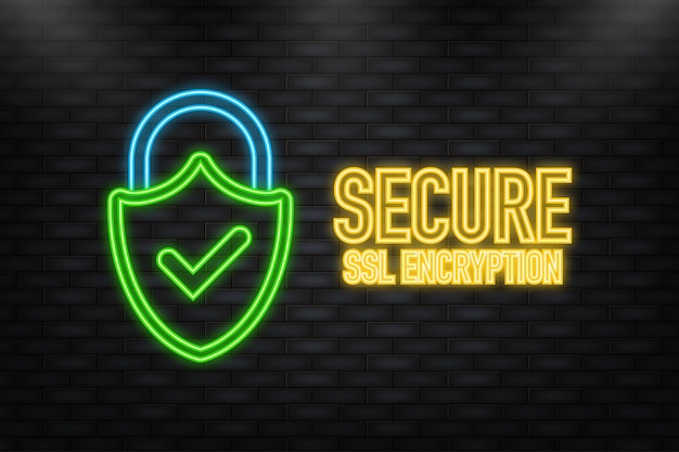 Neon Icon SSL encryption secure badge on white background Green banner Vector illustration