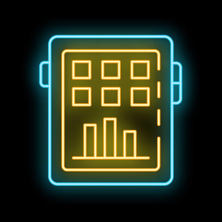 Vector neon icon of a tablet showing a spreadsheet with growing bars on a black background