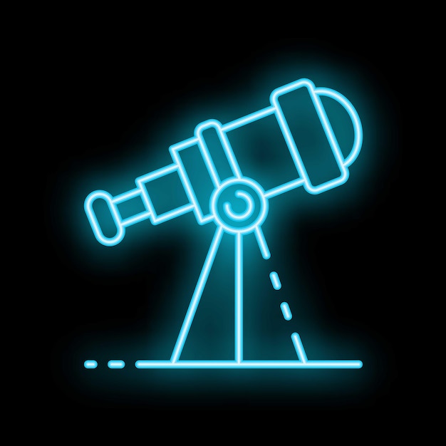 neon icon of telescope standing on tripod for watching stars and planets