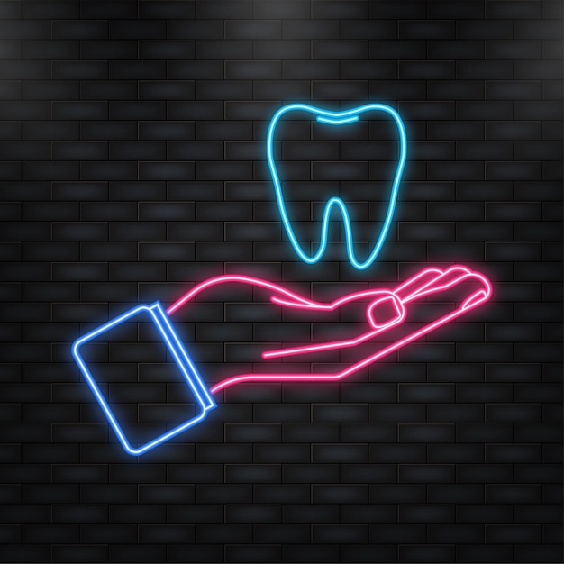 Neon Icon Tooth in hand in cartoon style on light background Vector illustration 3d White background