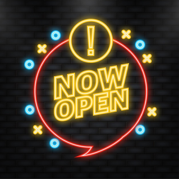 Vector neon icon vector now open red banner label with text in flat style vector illustration