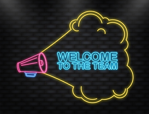 네온 아이콘 3d 스타일의 팀 확성기 파란색 배너에 오신 것을 환영합니다.