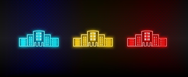 Neon iconen Gebouw Set van rood blauw geel neon vector pictogram op donkere achtergrond