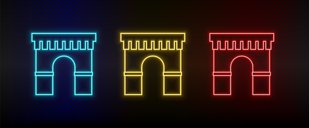 Neon iconen Gebouw Set van rood blauw geel neon vector pictogram op donkere achtergrond