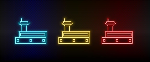 Neon icons Building Set of red blue yellow neon vector icon on dark background