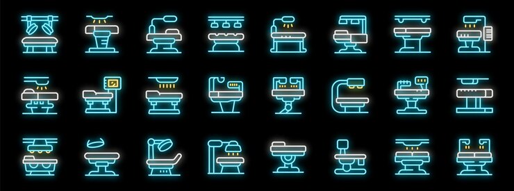 Vector neon icons of medical tables illuminating healthcare procedures