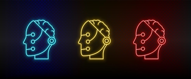 Neon icons memory robot intelligence smart Set of red blue yellow neon vector icon on darken background