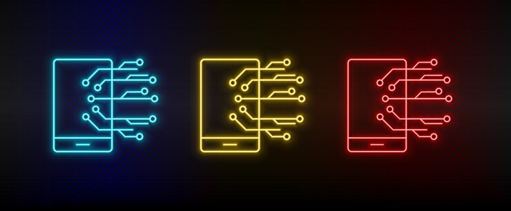 Vector neon icons mobile smart set of red blue yellow neon vector icon on darken background