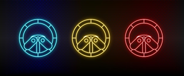 Neon icons Racing game driving wheel Set of red blue yellow neon vector icon on darken background