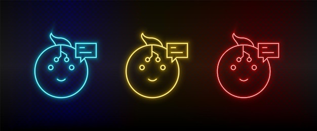 Неоновые иконки робот разговаривает в чате набор красно-сине-желтых неоновых векторных значков на темном фоне